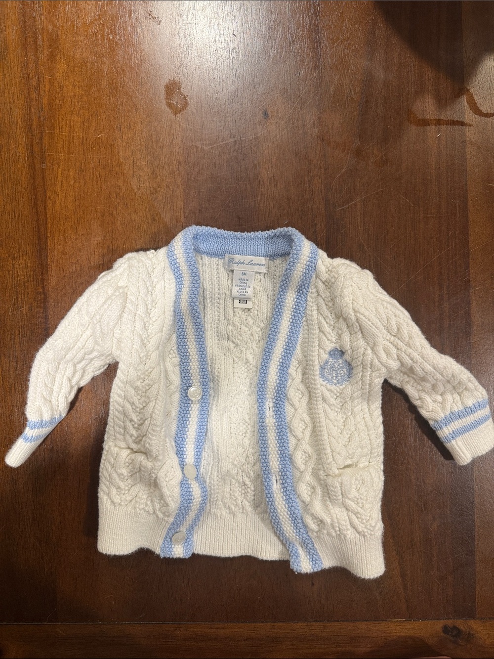 Ralph Lauren White Cable Knit Cardigan with Light Blue Trim